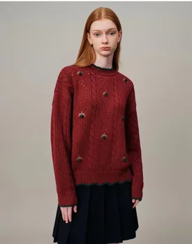Реколта Пуловери Червен Цвят, Зимата на Топло Вязаный Свободен Пуловер, Скок С Цветна Бродерия, тянущиеся пуловер оверсайз
