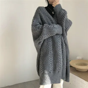 Ретро Свободен жена дълъг пуловер, жилетка, модерен дебел топъл женски жилетка от крученой е задължителен за употреба, есенно-зимно яке, дамски