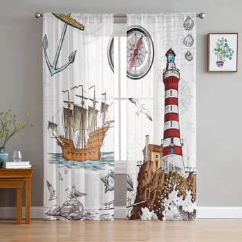 Ретро снимка на Фара Ветроходство Спалня, Прозрачни завеси Празнична украса на прозореца Завесата Тюлевая завеса