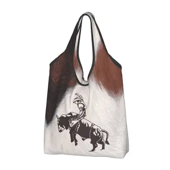 Рециклиране пазарска чанта от телешка кожа за Западния каубой на родео за езда на быке, дамски чанти-тоут, преносими чанти за пазаруване в магазини с текстура крави
