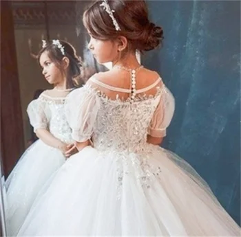 Рокля с цветя модел за момичета, Бяло пищни тюлевое блестящо сватбена рокля с къс ръкав, елегантна рокля за честването на Първата в Евхаристията цветенце