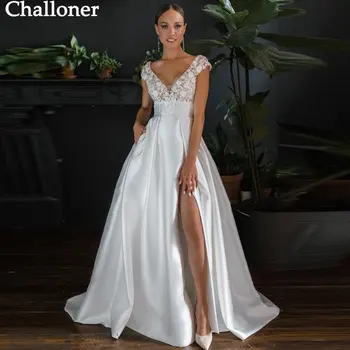 Сватбена рокля с V-образно деколте и кружевными апликации с цепка отстрани, модерни ръкави-шапки, атласное сватбена рокля с дължина до пода, Vestidos De Новия