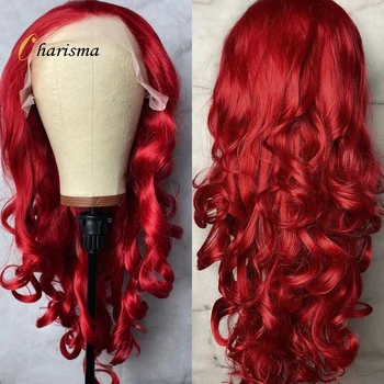 Синтетични перуки Харизма Перука на съвсем малък отпред за жени с Дължина 26 инча, Вълнообразни Червена Перука на съвсем малък Отпред, Предварително Выщипанные перуки на съвсем малък по линията на растеж на косата