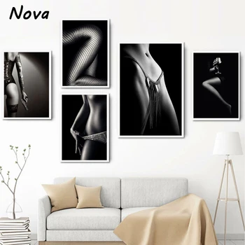 Скандинавска черно-бяла лейси момиче, модерна гола жена, картина, плакат, модерна живопис върху платно, интериор на спални в хотел Cuadros