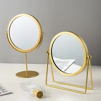 Скандинавски огледало за грим от месинг и златен метал, луксозно тоалетен огледало в стил ретро, десктоп Квадратно Кръгло огледало за спалня, огледало за грим в общежитието