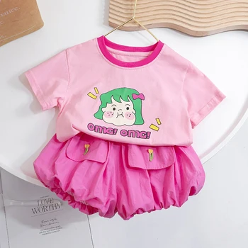 Сладки тениски за малки момичета, панталони, комплекти, летни детски дрехи от 2 теми, ризи с къси ръкави в корейски стил с анимационни модел, детски дрехи