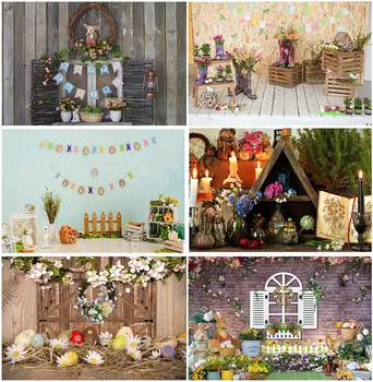 Снимка на Великден произход Пролетен заек Яйца Цветя градина Детски портрет фонове декорация за детски рожден ден Фотозона