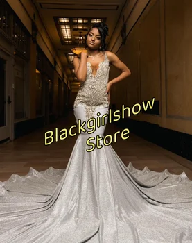 Сребърни вечерни рокли на Русалка, Благородна Елегантна апликация с диаманти, средно сексуалност, v-образно деколте, Черни дамски официални рокли на бретелях