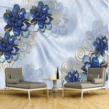 Стенно покритие по поръчка 3D Релефни тапети със сини цветя, украсени със скъпоценни камъни, за 3D хол, спалня, мека мебел, дома Papel De Parede