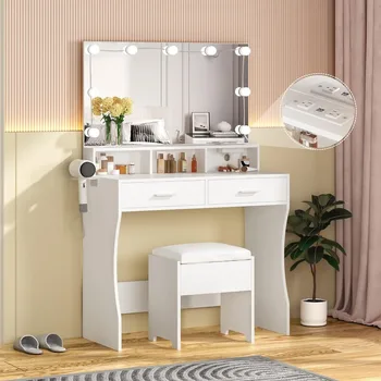 Тоалетка за грим Бял цвят, Маса за оформяне с огледало с осветление и съединителя, 3 цвята осветление, с регулируема яркост, 31,5 инча (W)