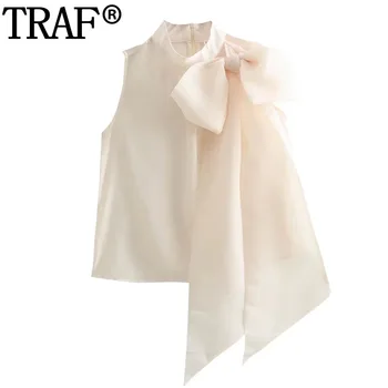 ТРАФИКА 2024 Съкратен топ без ръкави, женски прозрачни блузи с лък, дамски блузи с рюшами и високо воротом, Елегантни и младежки дамски блузи