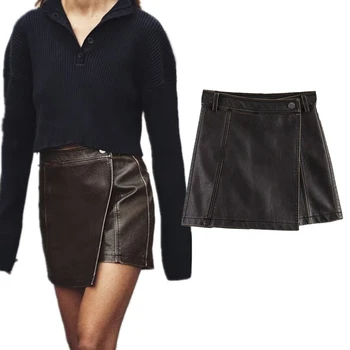 Увядшая есенно-зимна дамска кожена пола с висока талия, реколта выстиранная ежедневни мини пола-кюлот, дамски къси панталони