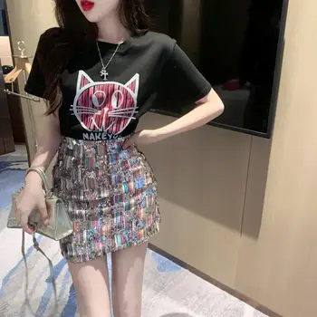 Универсална тениска с модерен принтом висок клас + пола с разноцветни пайети, расшитая мъниста, Корейски комплект от две части, дамски дрехи