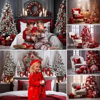 Фон за снимки Mocsicka Merry Christmas Red Мебели Коледна Елха Децата Студио семейния портрети Банер Подпори