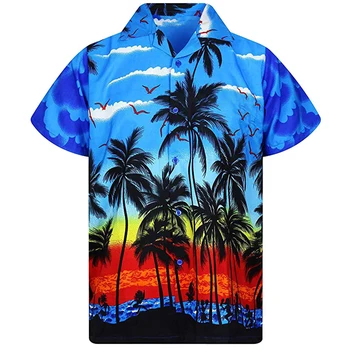 Хавайска риза 2023, свободни мъжки ризи, мъжка мода плажно облекло с принтом палми, однобортная риза с кубински яка