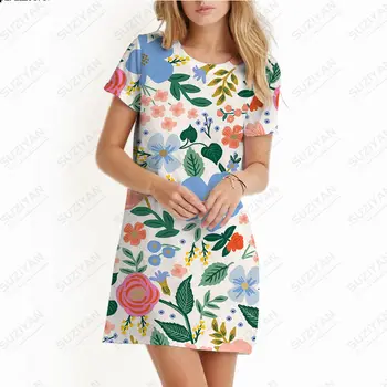 Хит на продажбите, лято 2023, женска пола-слънце с къс ръкав и кръгло деколте, свободно облекло, намаляване, елегантна рокля трапецовидна форма с 3D-принтом и цветисти принтом