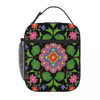 Цветя модел Rangoli на черна чанта за обяд, сладка чанта за обяд, чанта за обяд за деца