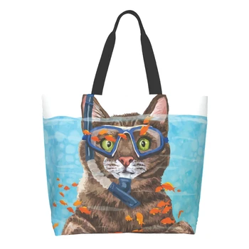 Чанта за пазаруване с удоволствие ныряющими котки Множество чанта-тоут за котки и рибки, чанта с акварельными любимци, ежедневно лека Голям капацитет