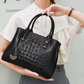 Чанта от естествена кожа с изображение на крокодил, женствена чанта от естествена телешка кожа, луксозна дизайнерска дамска чанта, чанти през рамо с голям капацитет