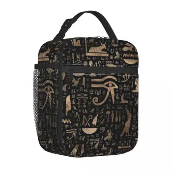 Черно-златната изолирано чанта за обяд с древнеегипетскими йероглифи, голямо множество термосумка, обяд-бокс, пътни чанти за хранене