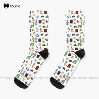 Чорапи с шарени сладки шотландски икони, черни чорапи за мъже, Коледна мода, Коледен подарък, 360 ° Цифров печат по поръчка