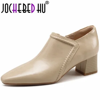 【JOCHEBED HU】 нови пролетни дамски обувки-лодка от естествена кожа, горната част на голяма дължина, реколта обувки с квадратни пръсти на дебелите ток и страничен цип 33-40