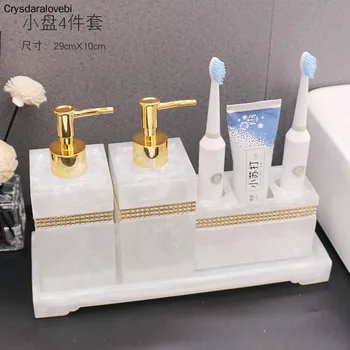 Луксозен Комплект аксесоари за баня от смола с кристали в скандинавски стил, тава, бутилка емулсия, Дезинфектант за ръце, Захранващи сапун, Държач за четка за зъби